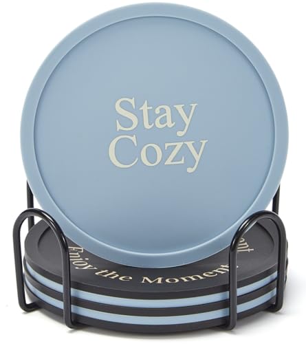 HiramWare Silicone Coasters Set of 6, Premium Drink Coaster with Holder, Non-Slip, Non-Stick, Dishwasher Safe, Perfect for Hot and Cold Drinks, Protect Your Desks and Tables(3 Morandi Blue + 3 Black) - color: 3 Morandi Blue + 3 Black