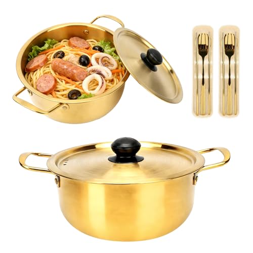 2-Pack Stainless Steel Korean Ramen Pot 7" & 7.8" with Lid Utensils