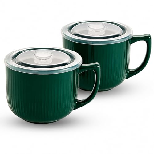 Ceramic Soup Bowl with Handle & Lid, 32oz Microwave Ramen Bowl Set of 2 - color: Forest Green 2pcs-32, size: 32 OZ