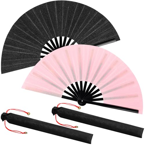 Maitys 2 Packs Large Folding Hand Fans, 13'', Glitter Black and Pink - color: Glitter Black and Pink