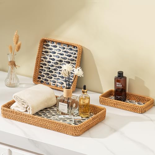 Set of 3 Rattan Serving Trays with Mother of Pearl, Terrekraft - color: Bohemian
