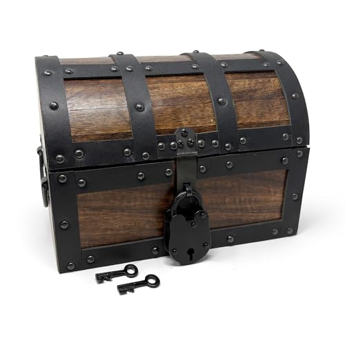Nautical Cove Handmade Wooden Treasure Chest Storage Box – Deluxe Design with Real Leather Accents, Working Iron Lock & Skeleton Keys, Decorative Keepsake Chest (Medium - 10 x 7 x 7) - size: Medium - 10 × 7 × 7 in