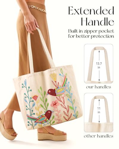 Miss Adola Embroidery Canvas Tote Bag with Pocket & Buckle - color: Bird