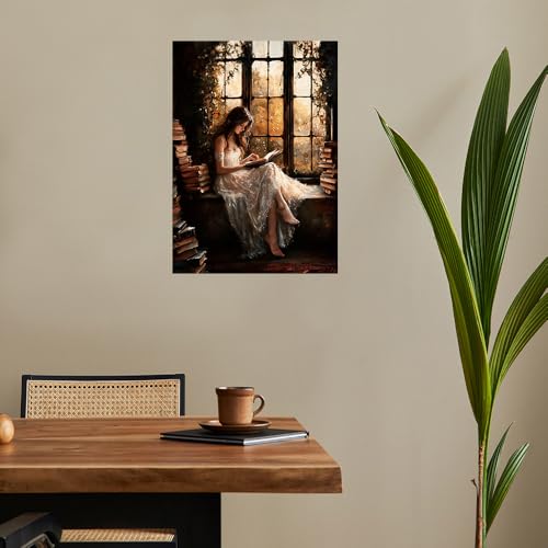uoyien Vintage Victorian Girls Reading Portrait Canvas Wall Art Prints Dark Academia Cottagecore Pictures Wall Decor Moody Bookish Paintings Artwork for Library Reading Room Bedroom 16x24in Unframed - color: Brown, size: 16x24in Unframed