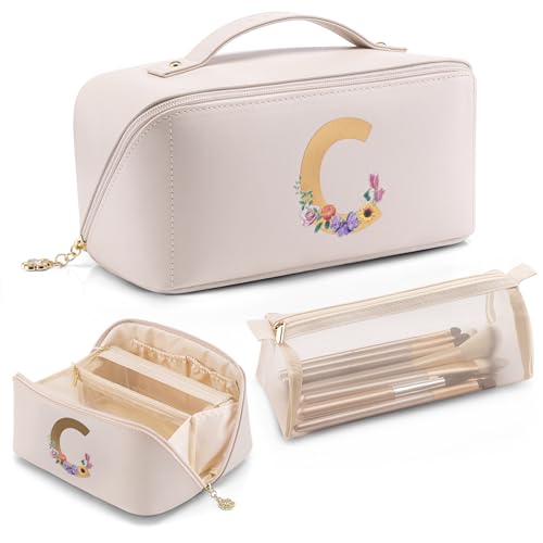 VLANDO Travel Makeup Bag with Separate Brush Pouch,Letter C,Off White - color: 14.White-C