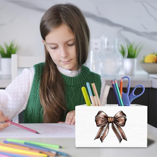 Coquette Football Bow Pen Holder for Desk, Football Lovers Players Gifts Pencil Organizer, Preppy Bow Sports Wooden Box Sign Desk Decor for Girls Dorm Home Office Decoration - color: Football Bow