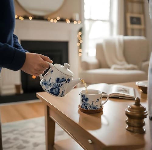 Ceramic TeaPot Porcelain Tea for One Set 15OZ Rustic Boho Tea Pot with Cup Set Stackable TeaPot and MugSet with English Breakfast Tea Gift Box as Home & Kitchen Tools Idear for Tea Lover - style: Butterflies and Birds