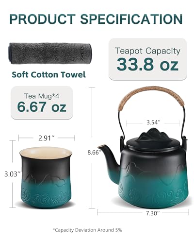 ZENS Ceramic Teapot with Infuser, 33.8oz Japanese Loose Leaf Tea Teapot - color: Black/Green, size: 33.8oz Teapot&4 of 8oz Cups