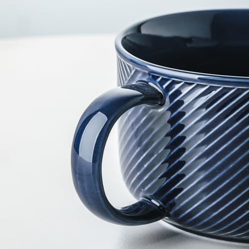Ceramic Soup Bowl with Handle, 38 oz Microwave Safe, Navy - color: Navy