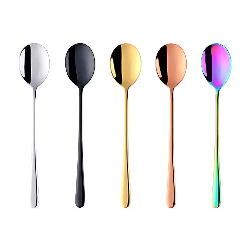 Buyer Star 5-pieces 5 Color Dinner Table Spoons 8-Inch Stainless Steel Metal Korean Soup Spoons - color: 5 color-A