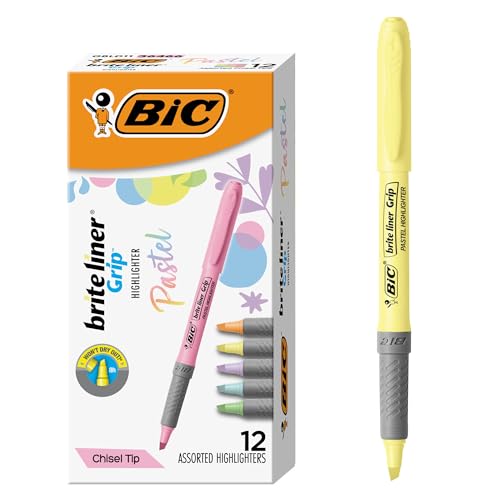 BIC Brite Liner Grip Pastel Highlighter Set, Chisel Tip, 12-Count - color: Pastel, size: 12 Count (Pack of 1)
