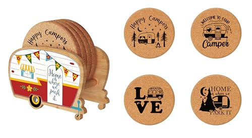 Unique Happy Camper RV Coasters Set of 4 with Holder - color: New Red
