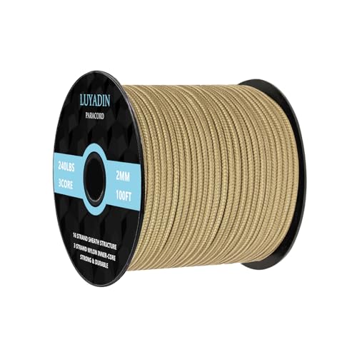 Paracord 240lb - Diameter 2mm Micro Utility Cord -3 Strand Parachute Spool Cord - 100ft 200ft,Paracord for Camping,Hiking,Fishing,Outdoor and DIY - color: Khaki, size: 100 ft