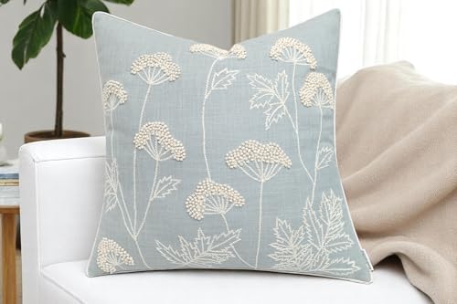 Rudransha Hand Embroidered Wildflower 20x20 Pillow Cover, Robins Egg - color: Blooming-robins Egg, size: 20" x 20" (Pack of 1)