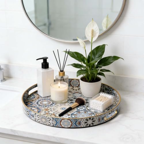 Round Serving Tray with Handles,Boho Modern Ottoman Coffee Table Tray - color: Round Tray - Boho Blue