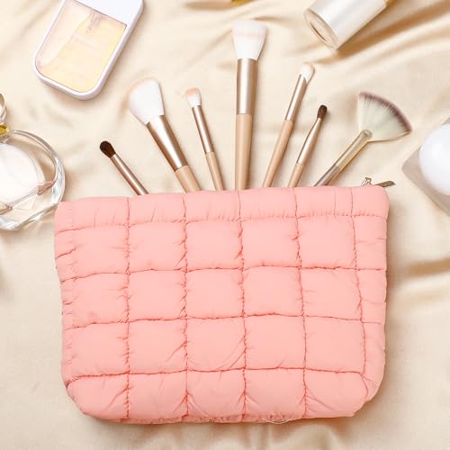 Hillban Light Pink Puffy Quilted Makeup Bag Cute Cosmetic Bag Gift, Classic - color: Light Pink, size: Classic