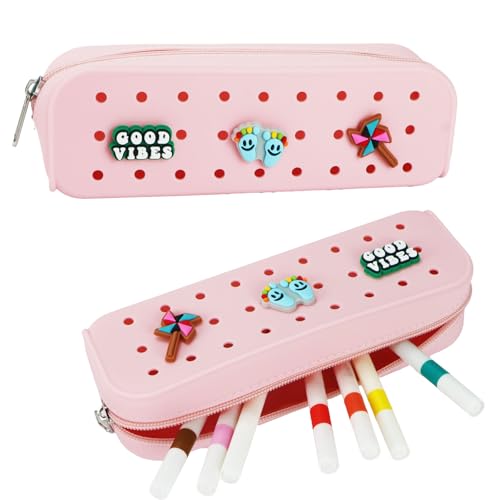 Cute Silicone Pen Case Pen Pouch with DIY Holes and 3 Decoratives(Random) Travel Makeup Brush Bag suitable for travel home7.81inch (Pale Pink) - color: Pale Pink