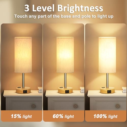 Fenmzee Bedside Table Lamp Set of 2 - Dimmable Touch, USB A+C, AC Outlet - color: Cream - Wood Grain 2, size: 14"