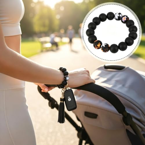 BIHRTC Key Ring Bracelet Car Keychain Holder Wristlet Silicone Women Beaded Bangle Chains - color: Flowers Demon Eye