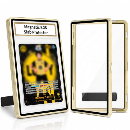 Magnetic BGS Slab Protector with Foldable Kickstand - UV Protection Tempered Glass & Aluminum Metal Bumper for 35PT Beckett Graded Cards, 9-Point Secure Lock Display Guard & Clear View (Gold) - color: Light Gold, size: BGS Card Case