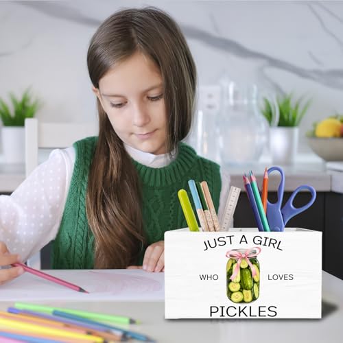 Coquette Pink Bow Pickle Pen Holder for Desk, Pickle Lovers Themed Gifts Pencil Organizer, Just a Girl Who Loves Pickles Wooden Box Sign Desk Decor for Home Office Decoration - color: PICKLES