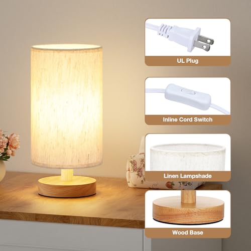 Fenmzee 9" Small Table Lamp for Bedroom - Inline Control with 3000K Bulb - color: Cream Shade - Wood Base