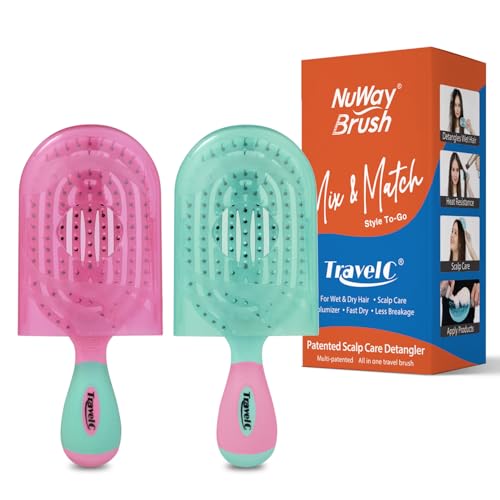 NuWay® TravelC® Scalp Care Hair Brush Combo Set with Patented Travel Cases – 2-Pack Vented Travel Brushes for Scalp Massage, Blow-Dry Styling, Wet & Dry Hair, All Hair Types (Pink & Teal) - color: Pink & Teal