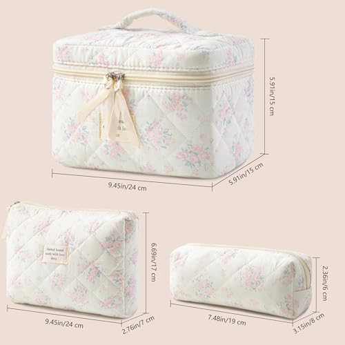 HBselect Quilted Makeup Bag, 3Pcs Cotton Large Travel Makeup Bags Organizer - color: A-3PCS-Floral 34