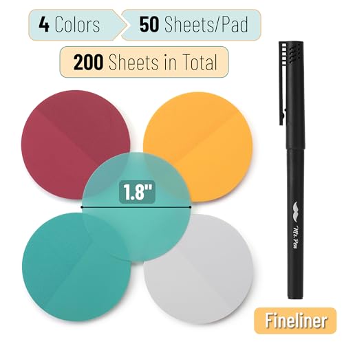 Mr. Pen- Round Transparent Sticky Notes, 1.8”, 4 Pads with Black Fineliner - color: Candy, size: 200 Sheets