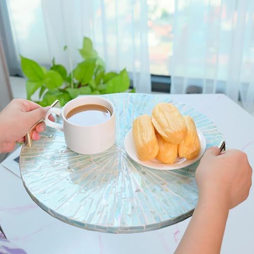 PEMAR Mother of Pearl Decorative Tray, 13" Round with Gold Metal Handles, Vanity/Perfume/Trinket Tray, Catchall for Dresser, Bathroom, Vanity Table (Teal Sunlight) - color: Teal Starburst