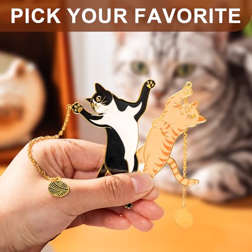 4 Pcs Cat Metal Bookmarks with Gold Chains and Charms