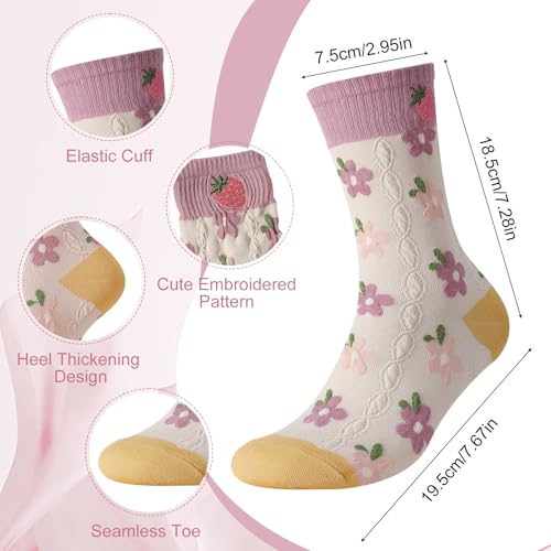 5/6 Pair Crew Socks for Women Floral Socks - color: Pink, Red