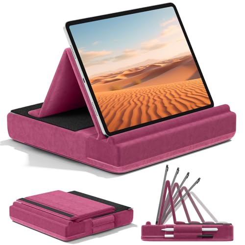 KDD Tablet Pillow Stand, Multi-Angle Viewing Ipad Holder for Lap, Bed and Desk, Foldable Soft Pad Dock with Stylus Mount Compatible with Ipad Pro 12.9, 10.5, 11, Air, Mini, Phones, Books, E-Reader - color: Purple
