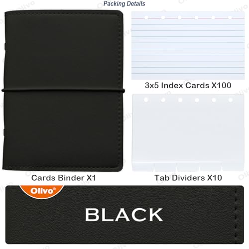 Olivo 3x5 Lined Index Cards with Ring Binder Holder and Dividers, Black - color: Black