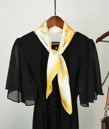 corciova Women’s Square Scarf 27.5 in (70 x 70 cm), Satin-Feel Polyester, Lightweight Fashion Scarf for Hair, Neck and Bag - color: Floral (Yellow)