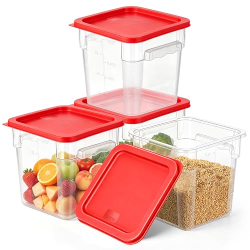4Pack - 8QT Food Storage Containers with Lids & Handles, Polycarbonate Clear Airtight Food Container with Scale Marks for Bread Proofing, Flour, Commercial Grade, Restaurant & Kitchen, Square, Red - color: Red, size: 8QT