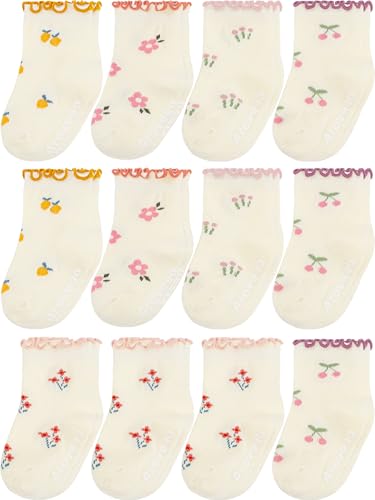 Aroveea Toddler Socks Non Slip Grip Baby Girls Kids Ankle Cute 12 Pack - color: Cream Ruffle, size: 1-3T