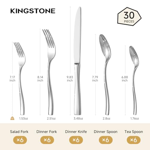 KINGSTONE Flatware Set for 6, 30-Piece Stainless Steel Utensil Set with Forks, Knives, Spoons, Dishwasher Safe Silverware Set for Home, Wedding, Kitchen and Daily Life Rust-proof - color: Silver, size: 30 Pieces