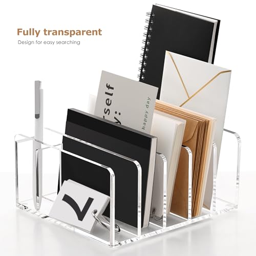 Acrylic Mail Sorter Desk Organizer with Pen Holder, 5 Compartments Clear - size: 5 Compartments with Pen Holder
