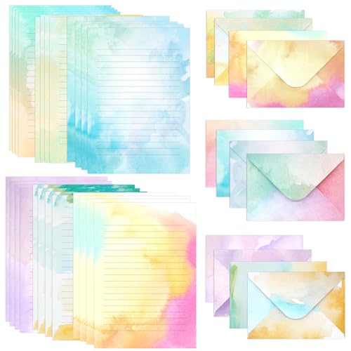 Watercolor Stationary Paper and Envelopes Set, 24 Lined Writing Papers and 12 Envelopes, 6 Designs Aesthetic Letter Kit for Love Letters, Thank You Notes and Party Invitations