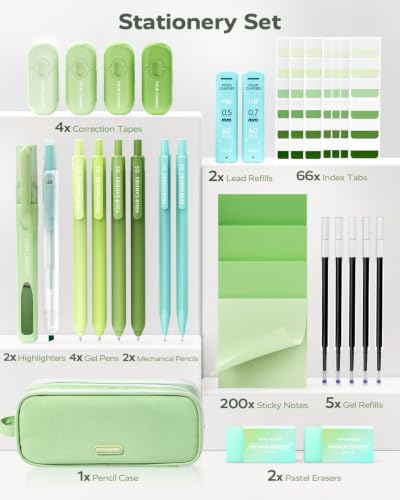 Four Candies Green School Supplies with Case College Essentials - color: Green