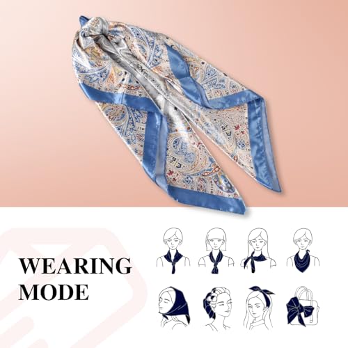 35 Inches Silk Head Scarf-Satin Hair Scarves Silk Bandana Scarf Headscarf for Women's Fashion Scarves - color: Large Floral Cashew Nut - Blue