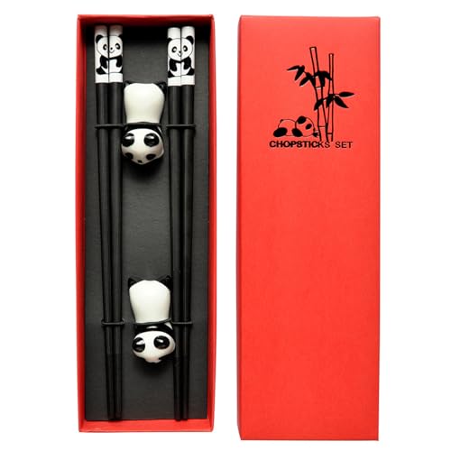 Panda Chopsticks Set with Rest, Reusable Fiberglass Non-Slip, Gift Box