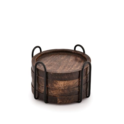 SAMHITA Mango Wood Coasters for Drinks with Iron Holder Stand Set of 4 for Drinking Glasses, Tabletop Protection for Any Table Type
