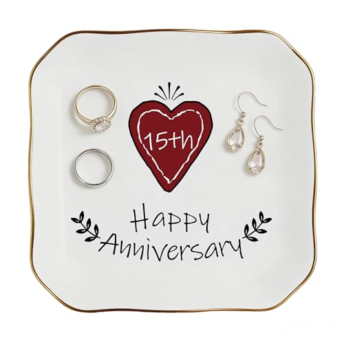 Aniversario Gifts for Men, Women & Couples - Romantic Gifts for Him, Her 15th Anniversary Jewelry Dish for Wife, Crystal Anniv. Gift, Ceramic Ring Dish, Happy 15th Anniversary Jewelry Tray - style: 15th Anniversary
