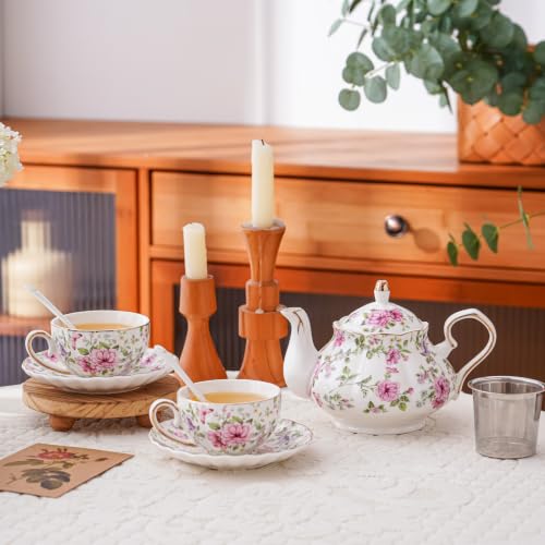 Flowers Ceramic Tea Set，Tea Sets for Adults, with Teapot, Spoons, Cup and Saucer for Tea Party (Pink And Purple Flowers) - color: Pink And Purple Flowers