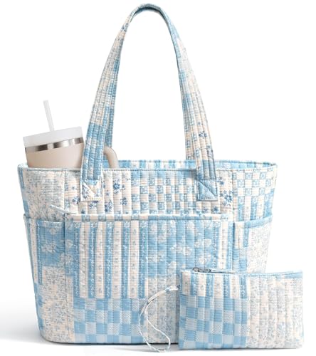 Bagstellar Quilted Tote Bag for Women Teacher Nurse Cotton Laptop Work Tote - color: Blue Vintage Floral