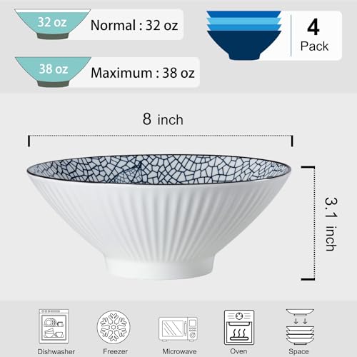 38 oz Japanese Ramen Bowls Set of 4, Large Pho Bowls, 8 Inch Ceramic Blue and White Soup Bowls, Leaf Pattern - color: Leaf Pattern