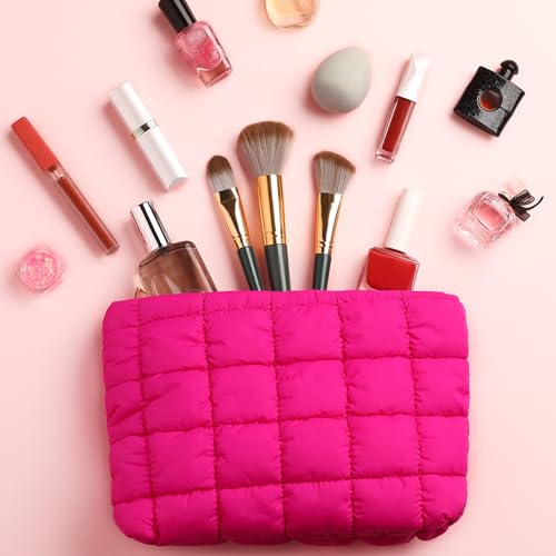Hillban Hot Pink Puffy Quilted Makeup Bag for Women Gift, Classic - color: Hot Pink, size: Classic
