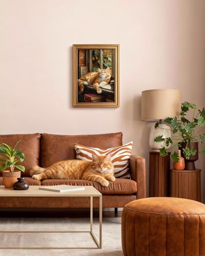 HUARCEY Gold Framed Canvas Wall Art, Book Cat Vintage Decor, 12x16 Inch - color: Book Cat, size: 16"L x 12"W